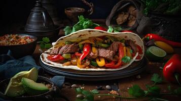 Fujitas with meat and pieces of red and green peppers on a wooden plate with blurred background, photo