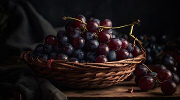 close-up fresh grape fruits on bamboo basket with blurred background, photo