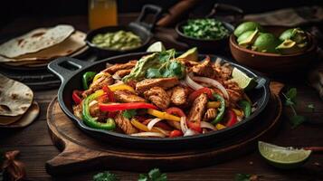 Fujitas with meat and pieces of red and green peppers on a wooden plate with blurred background, photo