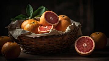 Grapefruits in a bamboo basket on a black background, photo