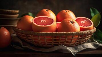 Closeup Grapefruits in a bamboo basket on a black background, photo