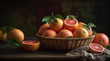 Grapefruits in a bamboo basket on wooden table with blur background, photo