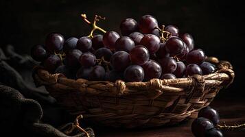 Grape fruits on bamboo basket with blurred background, photo