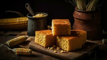 Fluffy cake cornbread on wood plate with blurred background, AI Generative photo