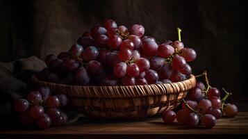 closeup fresh grape fruits on bamboo basket with blurred background, photo