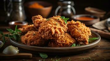 closeup crispy fried chicken on wooden plate with blurred background, AI Generative photo