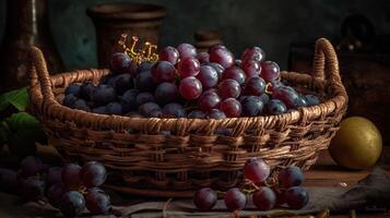 close-up fresh grape fruits on bamboo basket with blurred background, photo