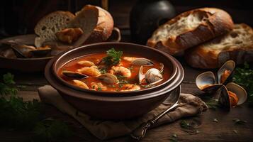 Cioppino sopa con almeja carne en un negro plato y difuminar fondo, ai generativo foto