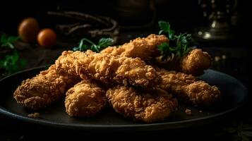 Closeup Chicken Tenders with vegetable ornament on blurred background, AI Generative photo