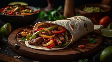 Fujitas with meat and pieces of red and green peppers on a wooden plate with blurred background, photo