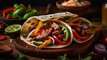 Fujitas with meat and pieces of red and green peppers on a wooden plate with blurred background, photo