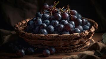 Closeup Grape fruits on bamboo basket with blurred background, AI Generative photo