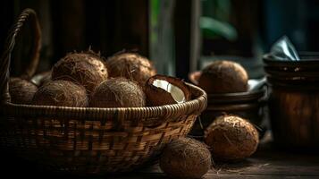 Coconuts fruits in a bamboo basket with blurred background, AI Generative photo