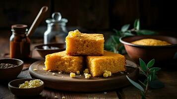 close up fluffy cake cornbread on wood plate with blurred background, AI Generative photo