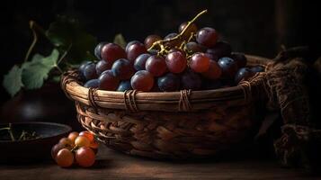 close-up fresh grape fruits on bamboo basket with blurred background, photo