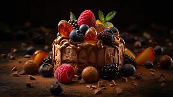 Sweet Dessert with a sprinkling of strawberry blueberries and chocolate with a blurry background, AI Generative photo