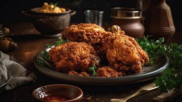 closeup crispy fried chicken on wooden plate with blurred background, AI Generative photo