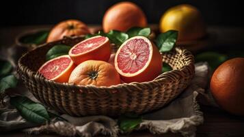 Grapefruits in a bamboo basket on a black background, photo