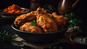 closeup crispy fried chicken on wooden plate with blurred background, AI Generative photo