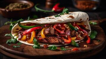 Fujitas with meat and pieces of red and green peppers on a wooden plate with blurred background, photo