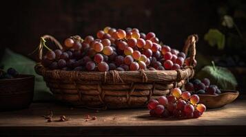 Closeup Grape fruits on bamboo basket with blurred background, AI Generative photo