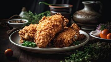 Fried Chicken on plate with blurred background, AI Generative photo