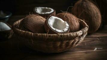 Coconuts fruits in a bamboo basket with blurred background, AI Generative photo