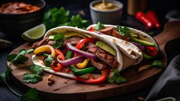 Fujitas with meat and pieces of red and green peppers on a wooden plate with blurred background, photo