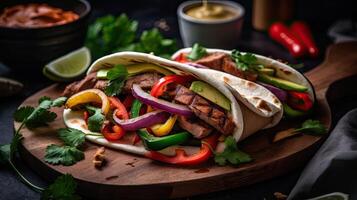 Fujitas with meat and pieces of red and green peppers on a wooden plate with blurred background, AI Generative photo