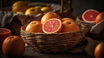 Closeup Grapefruits in a bamboo basket on a black background, photo