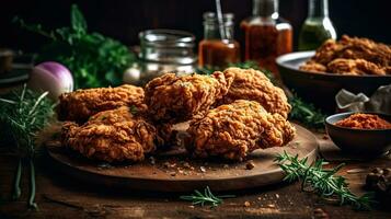 closeup crispy fried chicken on wooden plate with blurred background, AI Generative photo