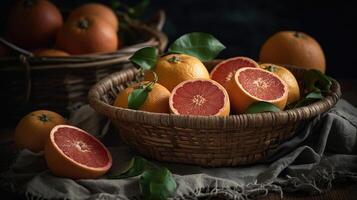 Closeup Grapefruits in a bamboo basket on a black background, photo