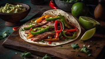 Closeup Fujitas with meat and pieces of red and green peppers, photo