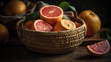Grapefruits in a bamboo basket on a black background, photo