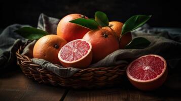 Grapefruits in a bamboo basket on a black background, photo