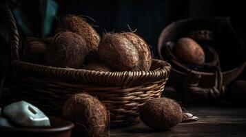 Closeup Coconuts fruits in a bamboo basket with blurred background, AI Generative photo