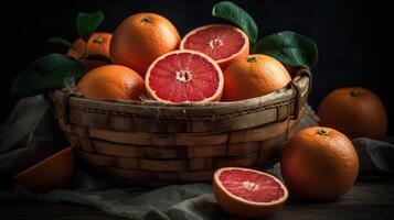 Closeup Grapefruits in a bamboo basket on a black background, photo
