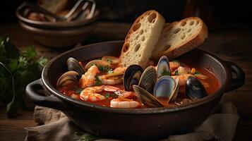 Spicy red cioppino soup with clam meat on a black plate and blur background, AI Generative photo