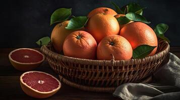 Grapefruits in a bamboo basket on wooden table with blur background, photo