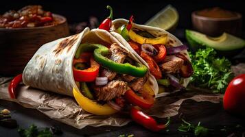 Fujitas with meat and pieces of red and green peppers on a wooden plate with blurred background, photo