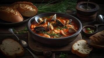 Cioppino soup with clam meat on a black plate and blur background, AI Generative photo