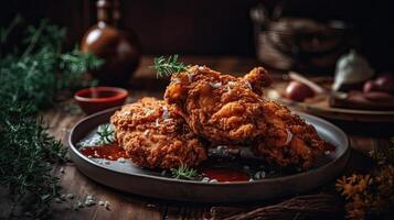 Crispy Fried Chicken on wooden table with blur background, AI Generative photo