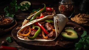 Fujitas with meat and pieces of red and green peppers on a wooden plate with blurred background, photo