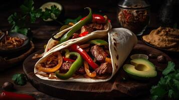 Fujitas with meat and pieces of red and green peppers on a wooden plate with blurred background, AI Generative photo