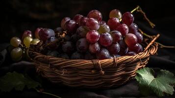 closeup fresh grape fruits on bamboo basket with blurred background, photo