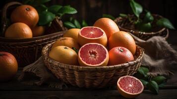 Closeup Grapefruits in a bamboo basket on a black background, photo