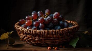 Fresh Grape fruits on bamboo basket with blurred background, photo