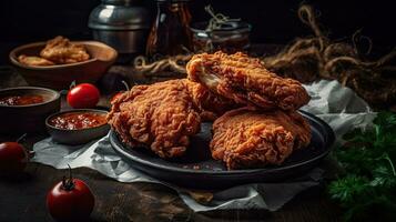 de cerca crujiente frito pollo en de madera plato con borroso fondo, ai generativo foto