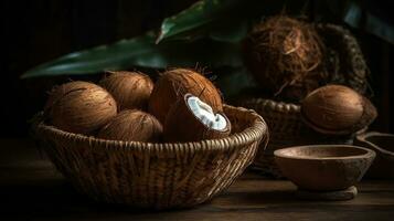 Coconuts fruits in a bamboo basket with blurred background, AI Generative photo