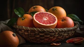 Grapefruits in a bamboo basket on a black background, photo